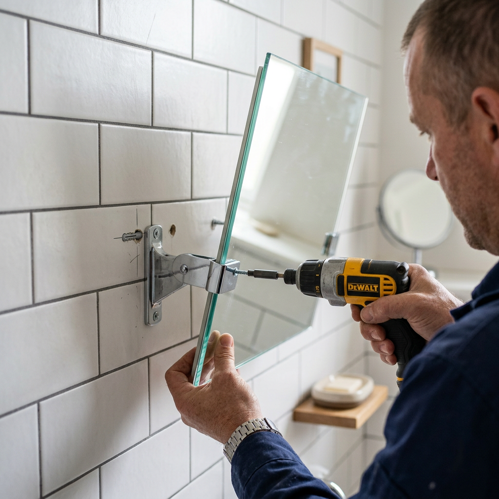 Person using a power drill to attach a glass mirror to tiled bathroom wall