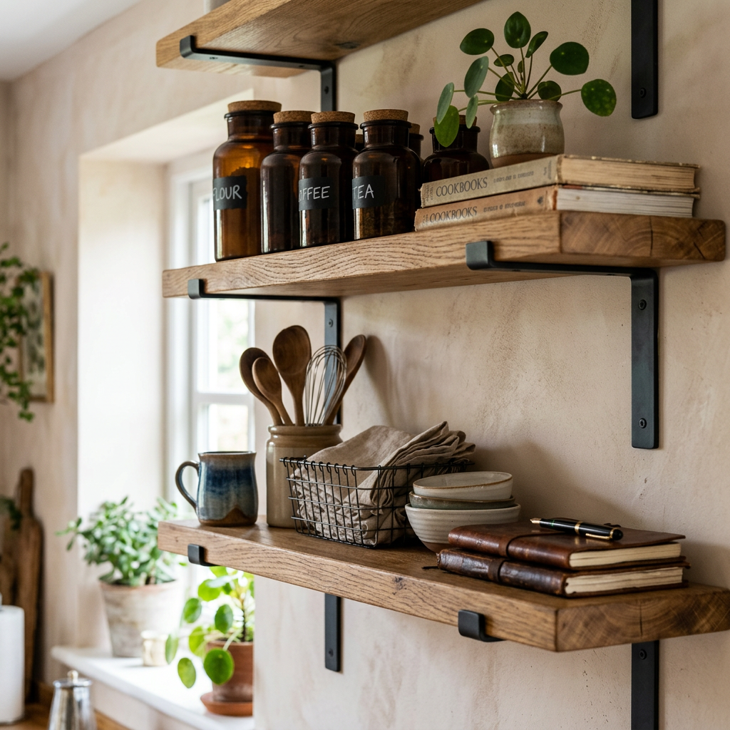 Wooden kitchen shelves holding amber jars labeled flour, coffee, tea, cookbooks, plants, utensils, and pottery