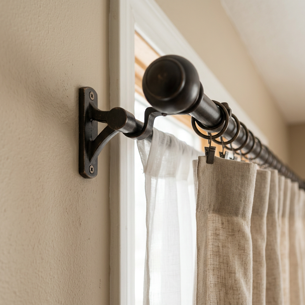 Close up curtain rods installed on wall