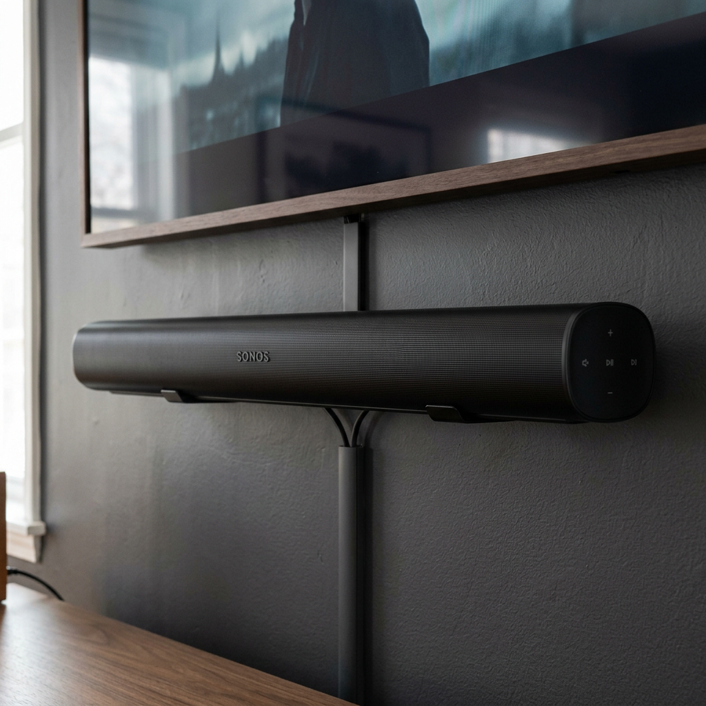 Black Sonos soundbar mounted on a gray wall under a TV