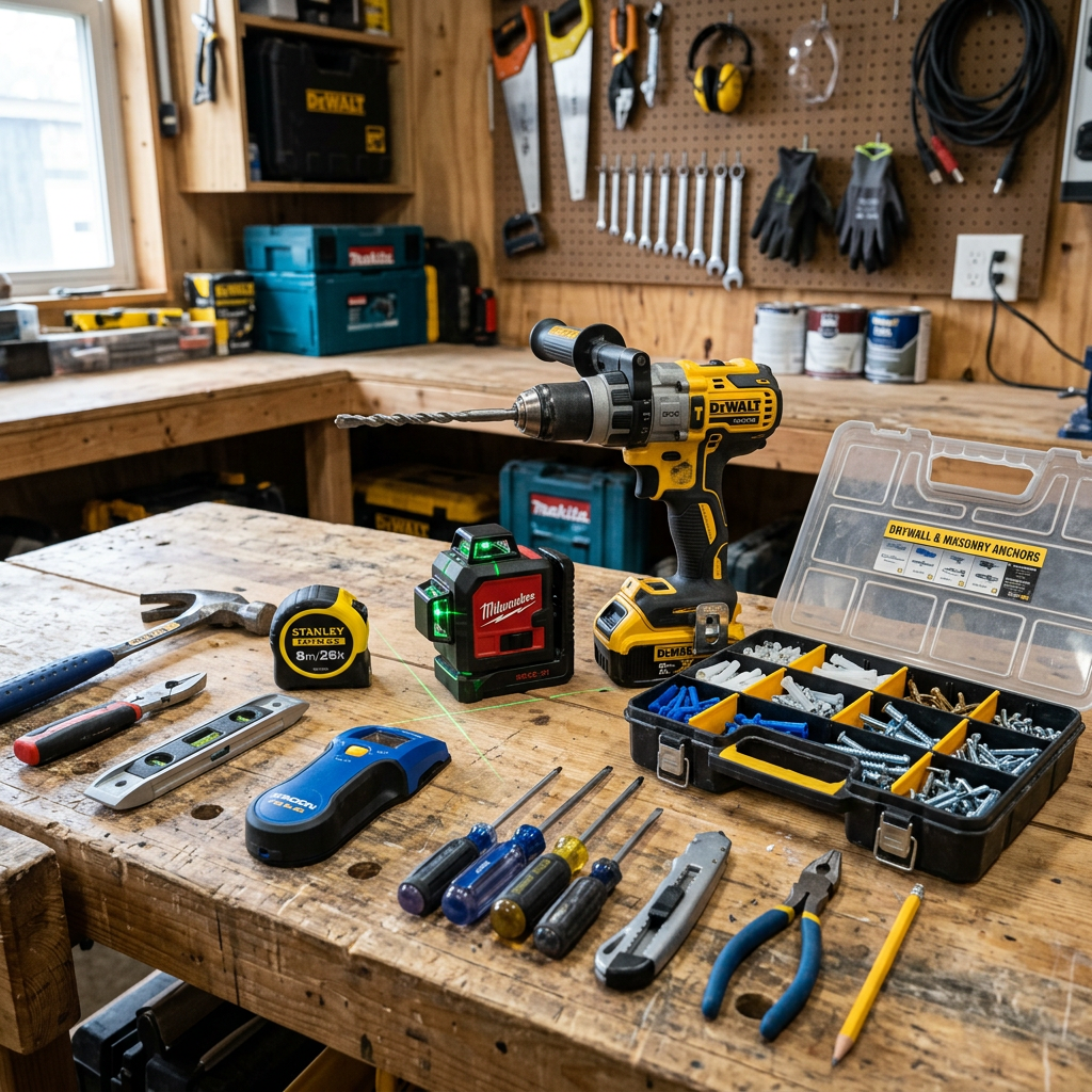 Woodworking tools including drill, tape measure, levels, screwdrivers, and anchors on wooden workbench